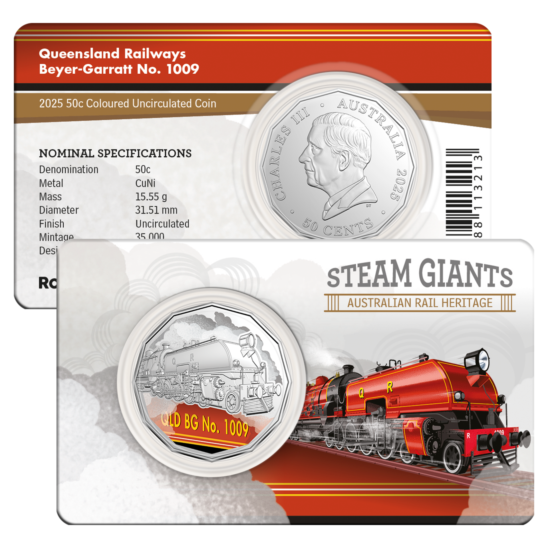 Steam Giants QLD Railways No.1009 2025 50c Coloured Uncirculated Coin