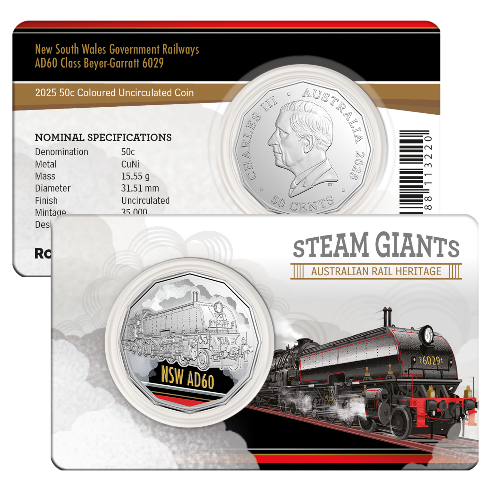 Steam Giants NSW AD60 Class Beyer-Garratt 6029 2025 50c Coloured Uncirculated Coin