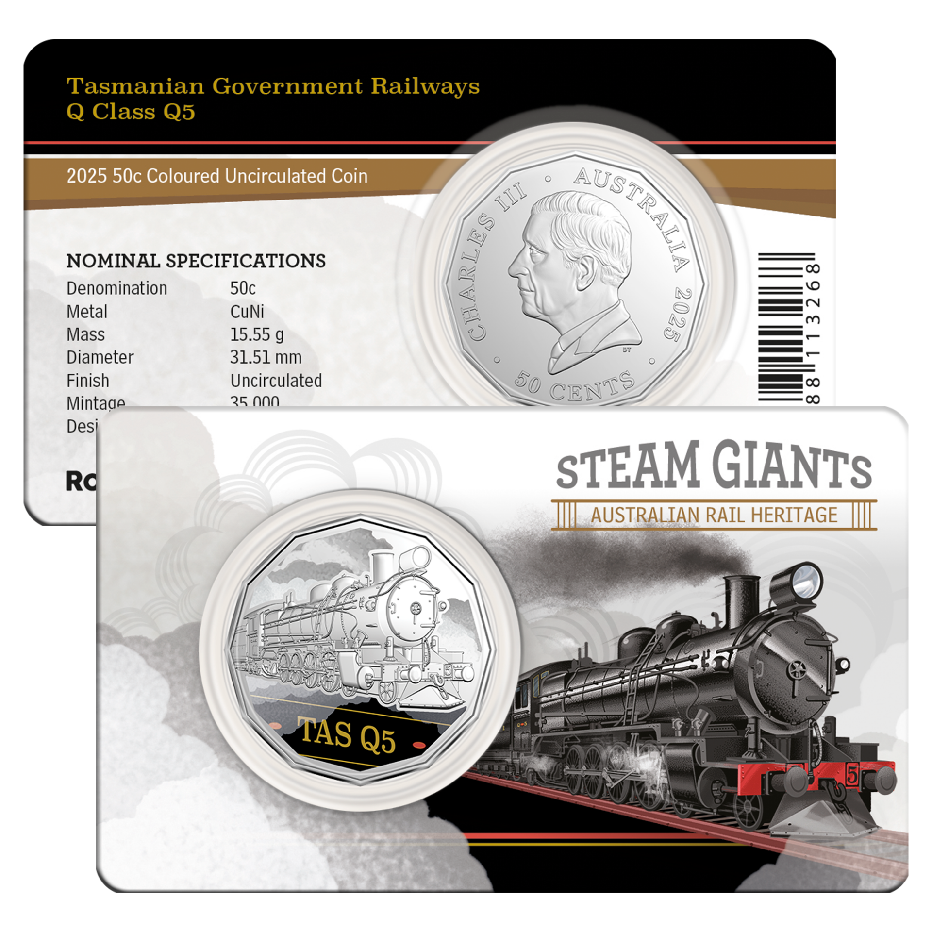 Steam Giants TAS Q Class Q5 2025 50c Coloured Uncirculated Coin