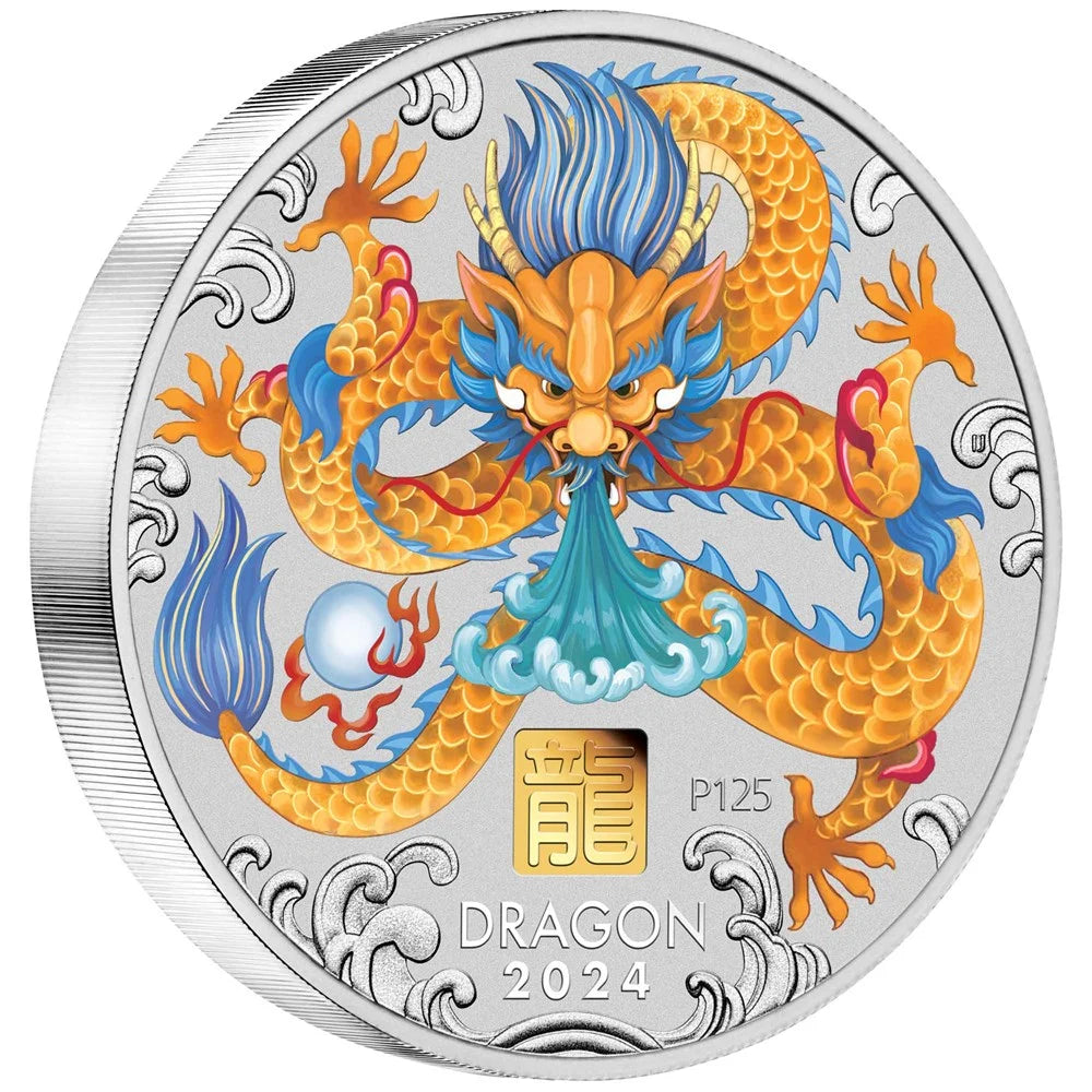 Australian Lunar Series III 2024 Year of the Dragon 1 Kilo Silver Coloured Coin with Gold Privy Mark