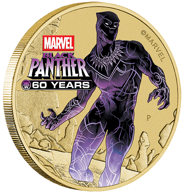 Black Panther 60 Years 2026 coloured $1 coin, on edge