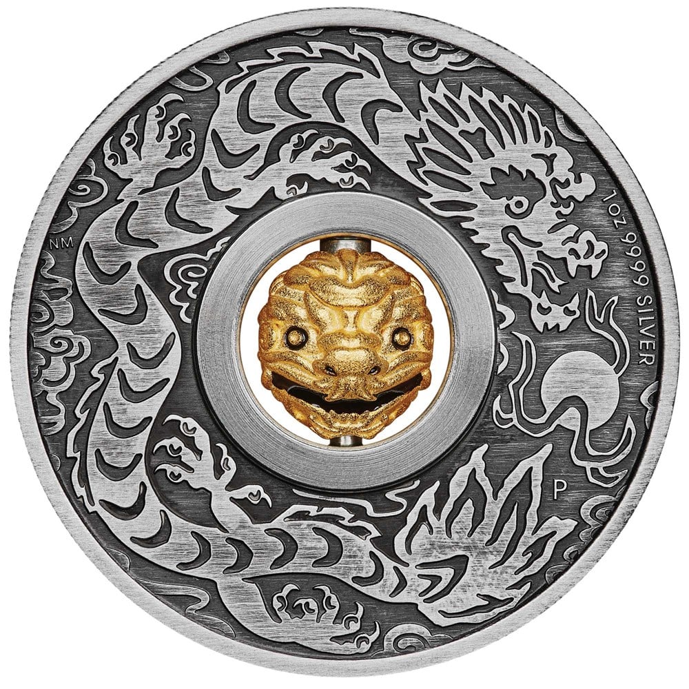Year of the Dragon Rotating Charm 2024 1oz Silver Antiqued Coin