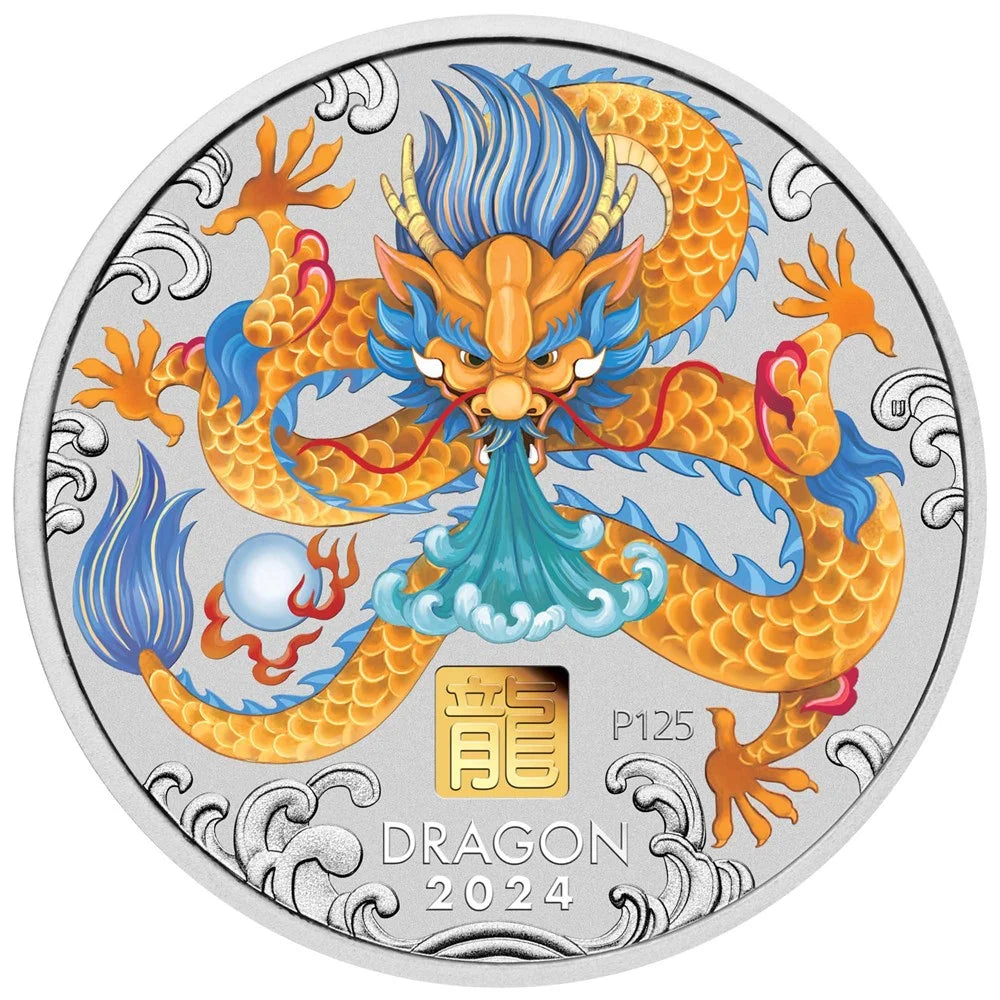Australian Lunar Series III 2024 Year of the Dragon 1 Kilo Silver Coloured Coin with Gold Privy Mark