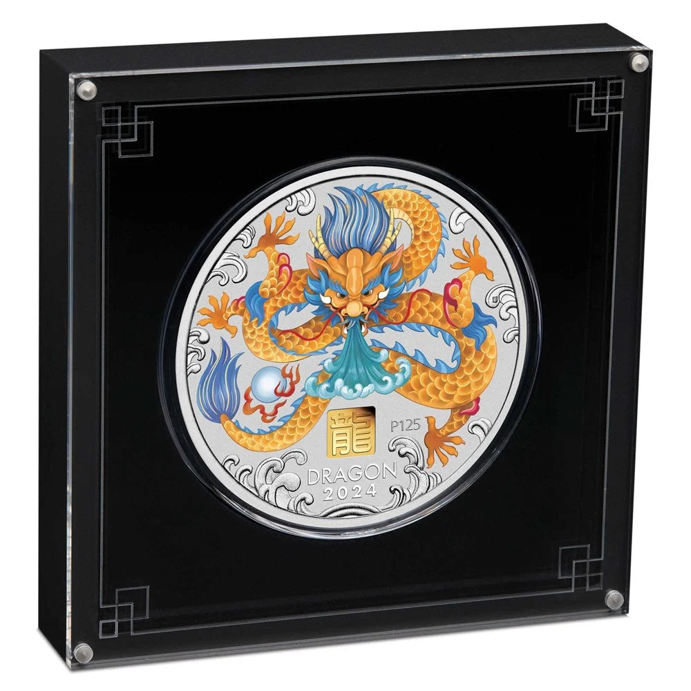 Australian Lunar Series III 2024 Year of the Dragon 1 Kilo Silver Coloured Coin with Gold Privy Mark