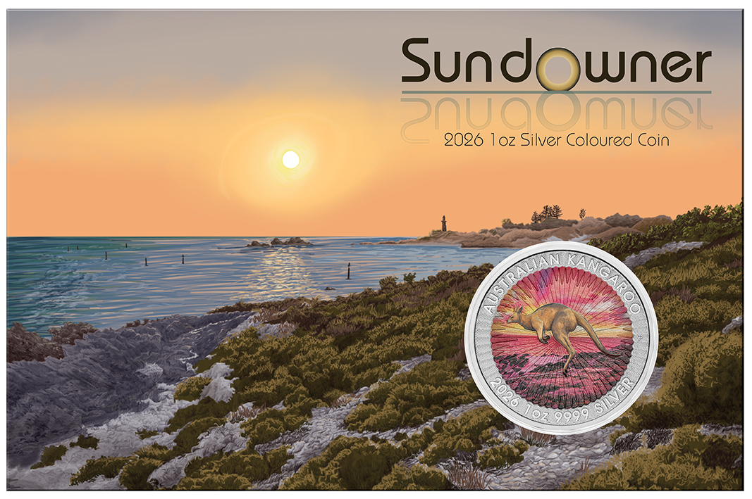 Sundowner Red Kangaroo 2026 1oz Silver Coloured Coin in Card