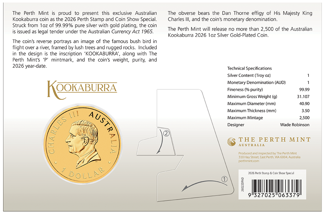 Australian Kookaburra Perth Stamp and Coin Show 2026 1oz Silver Gold-Plated Coin in Card