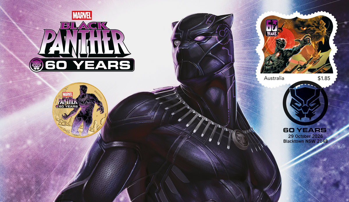 Black Panther 60 Years 2026 Stamp and Coin Cover, envelope with Australia Post stamp