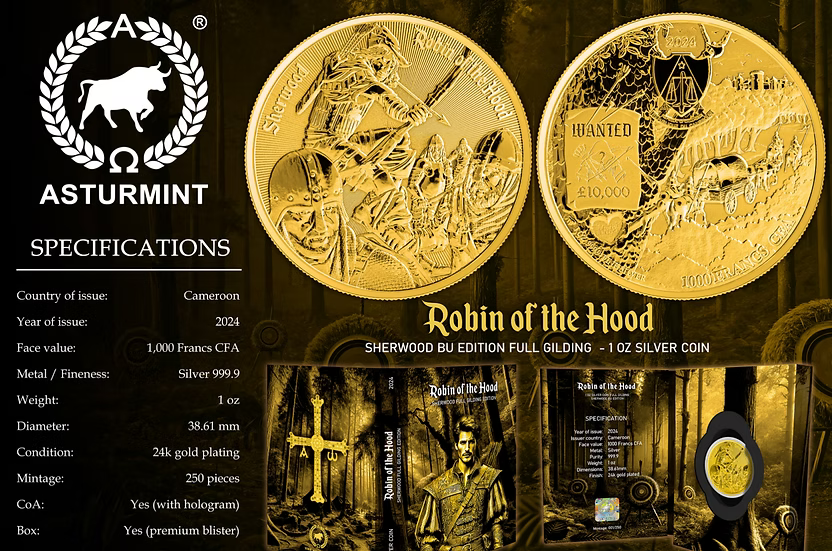 Robin of the Hood 2024 Cameroon 1oz Full Gilding Silver Coin
