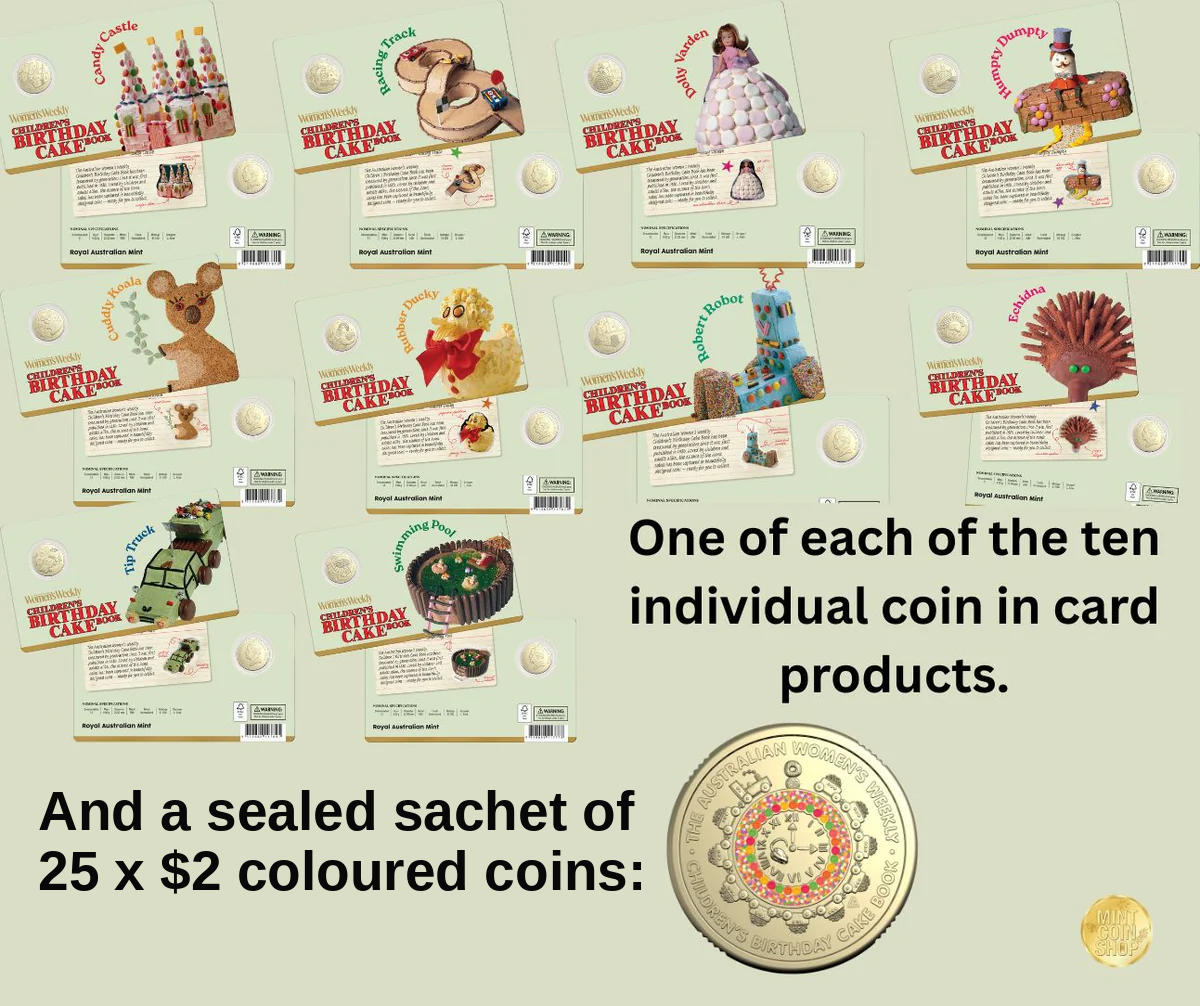 AWW Birthday Cake 10 Coin in Cards & 25 $2 Coloured Coins in Sachet Bundle