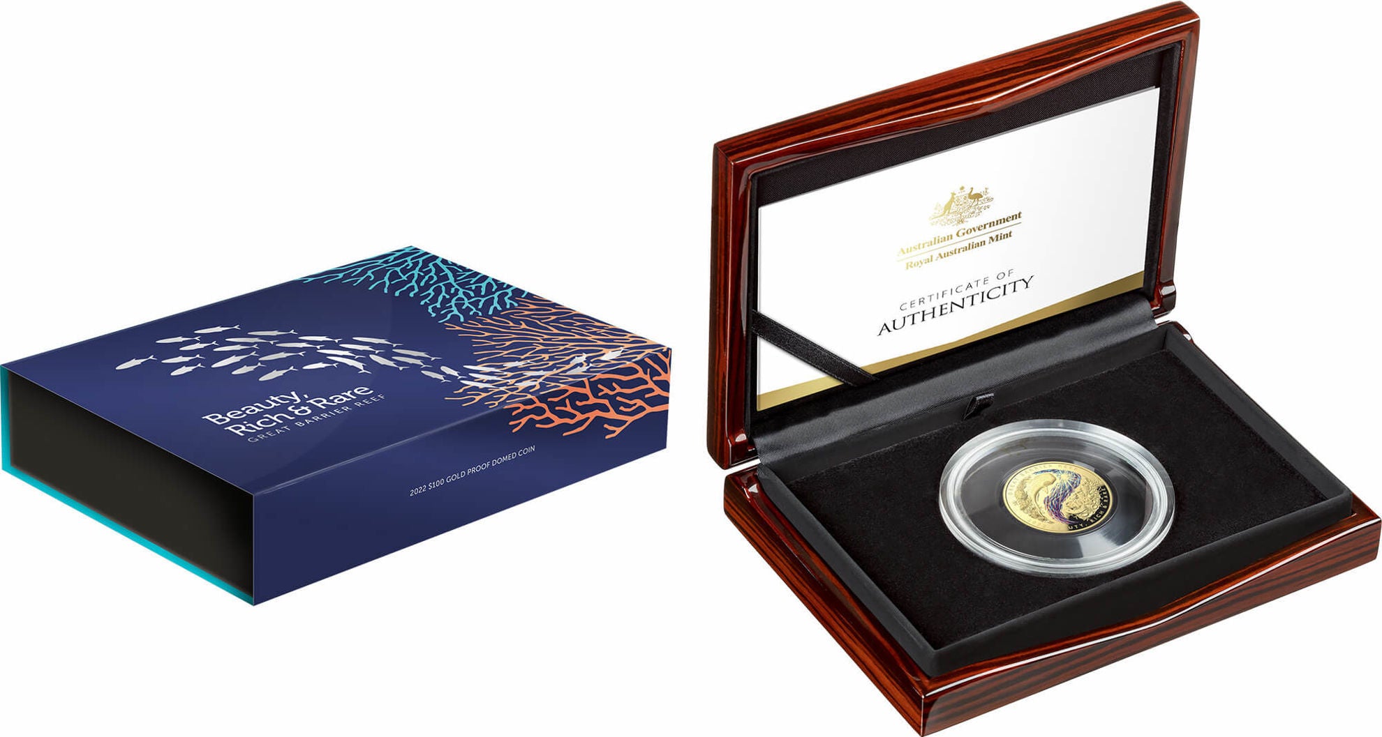 Beauty, Rich & Rare – Great Barrier Reef 2022 $100 Gold Coloured Proof Domed Coin