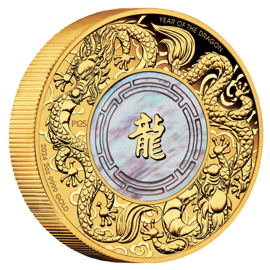 Double Dragon with Mother of Pearl 2024 2oz Gold Proof Coin: A Majestic Fusion of Art and Legend