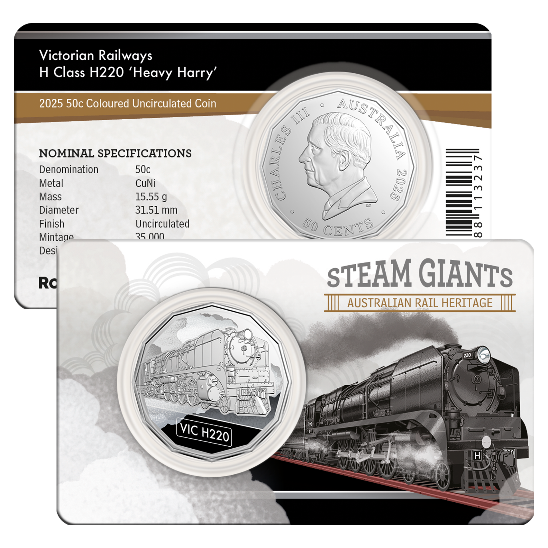 Steam Giants VIC H Class H220 Heavy Harry 2025 50c Coloured Uncirculated Coin