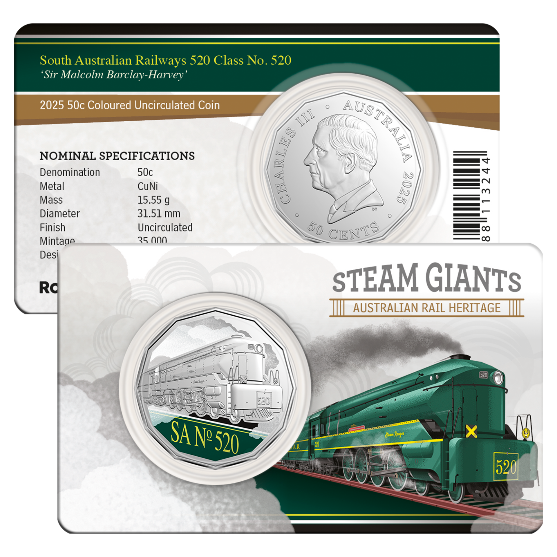 Steam Giants SA 520 Class No. 520 Sir Malcolm Barclay-Harvey 2025 50c Coloured Uncirculated Coin
