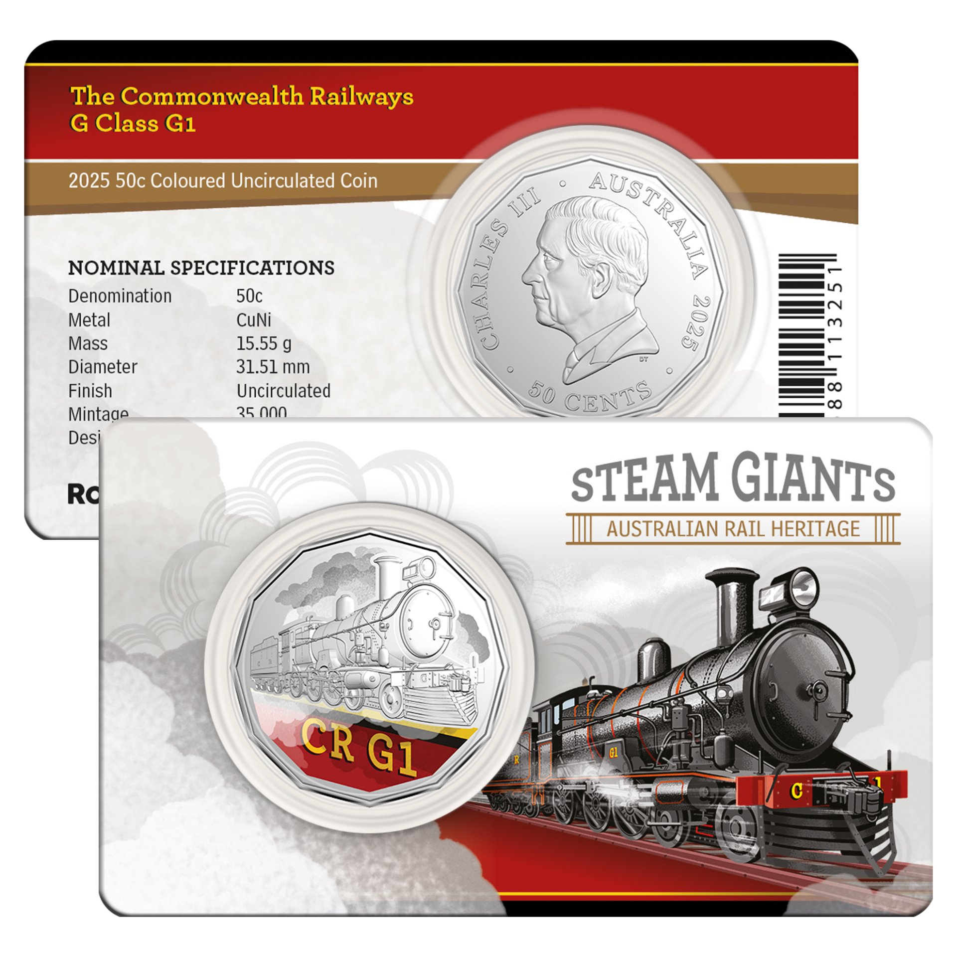 Steam Giants Commonwealth Railways G Class G1 2025 50c Coloured Uncirculated Coin