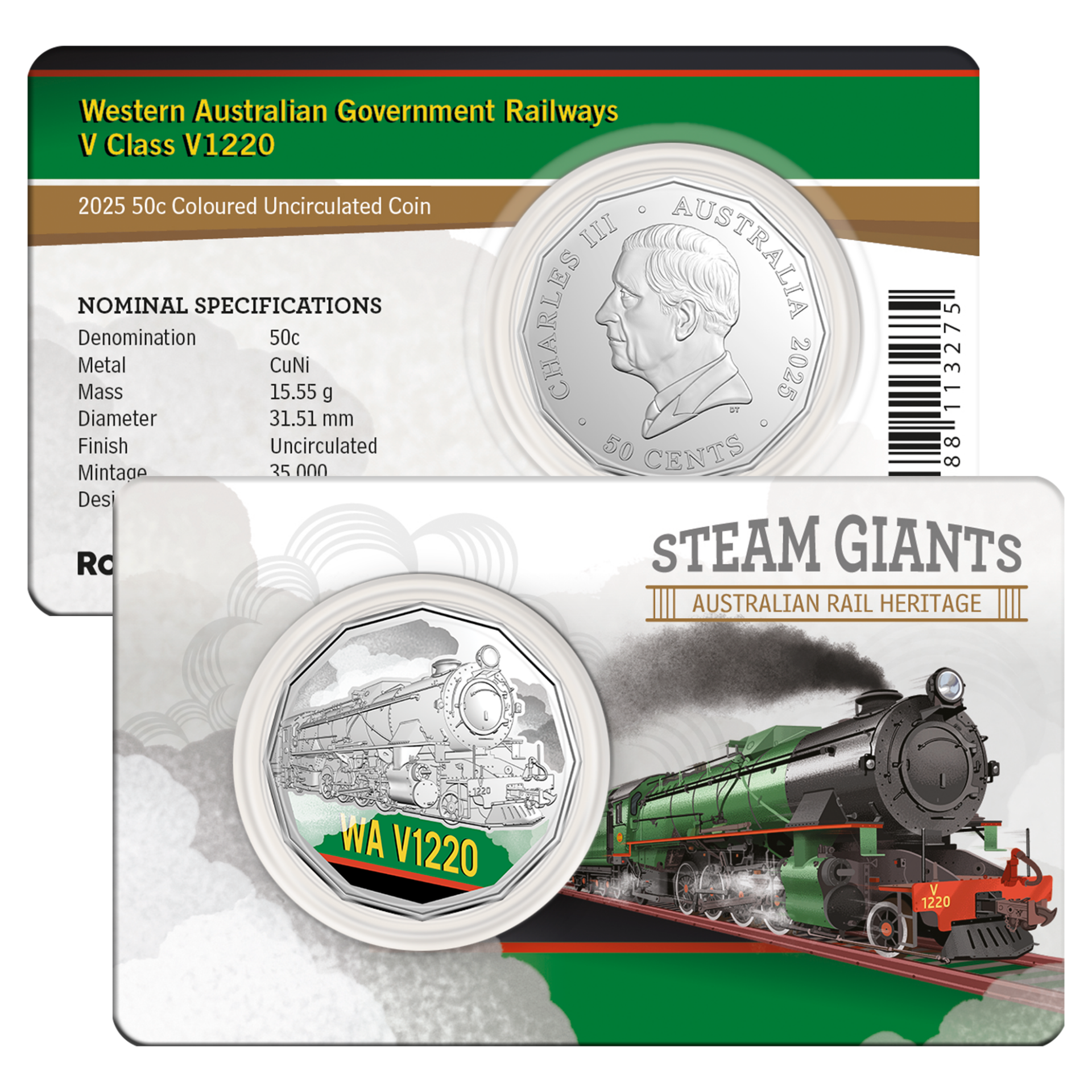 Steam Giants WA V Class V1220 2025 50c Coloured Uncirculated Coin