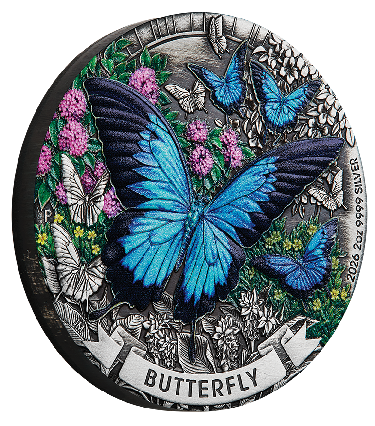 Butterfly 2026 2oz Silver Antiqued Coloured Coin