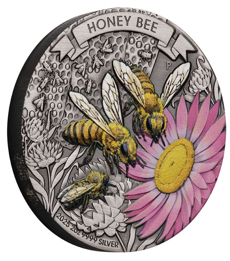 Honey Bee 2025 2oz Silver Antiqued Coloured Coin