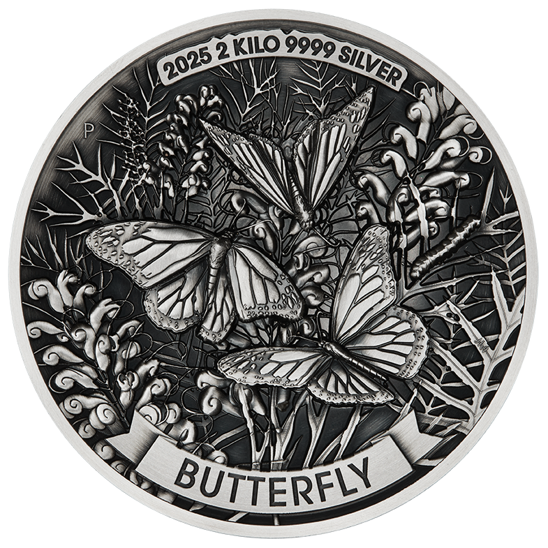 Butterfly 2025 2 Kilo Silver High Relief Antiqued Coin