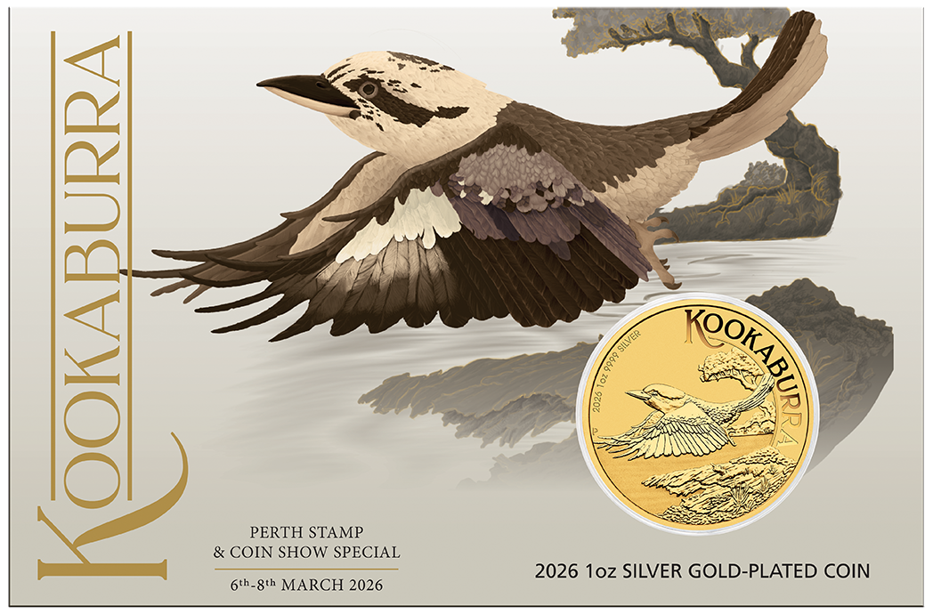 Australian Kookaburra Perth Stamp and Coin Show 2026 1oz Silver Gold-Plated Coin in Card