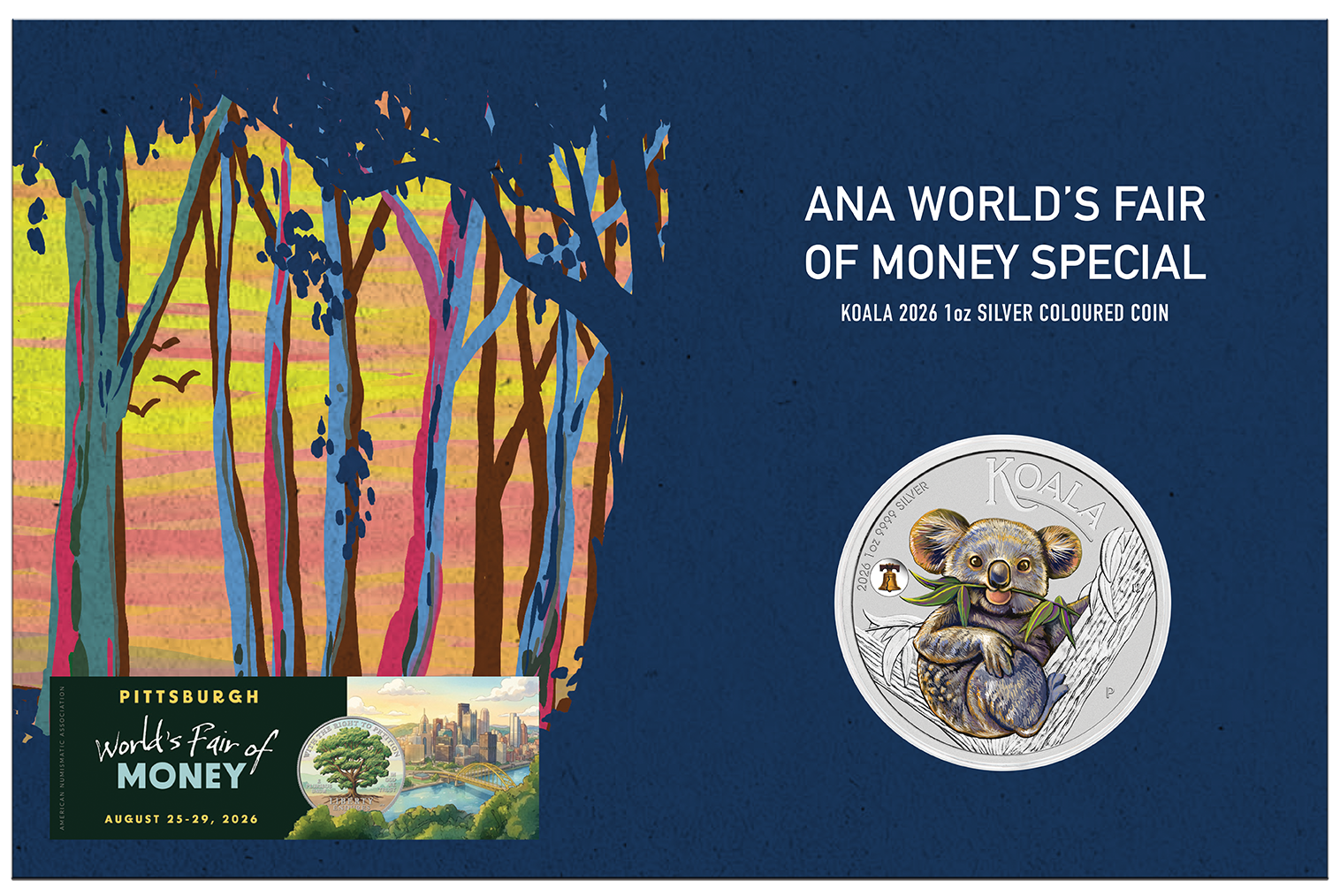 ANA Coin Show Special 2026 Koala 1oz Silver Coloured Coin with Liberty Bell Privy
