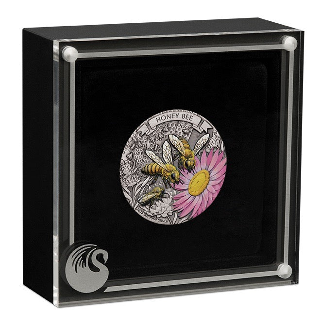 Honey Bee 2025 2oz Silver Antiqued Coloured Coin
