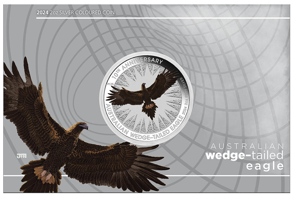 Australian Wedge-Tailed Eagle 10th Anniversary 2024 2oz Silver Coloured Coin in Card