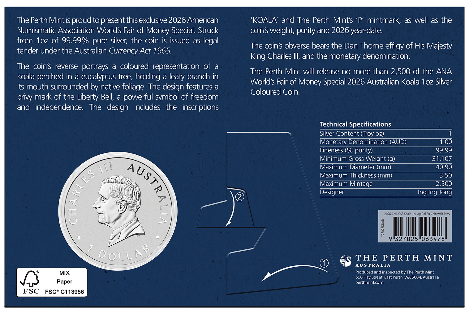 ANA Coin Show Special 2026 Koala 1oz Silver Coloured Coin with Liberty Bell Privy