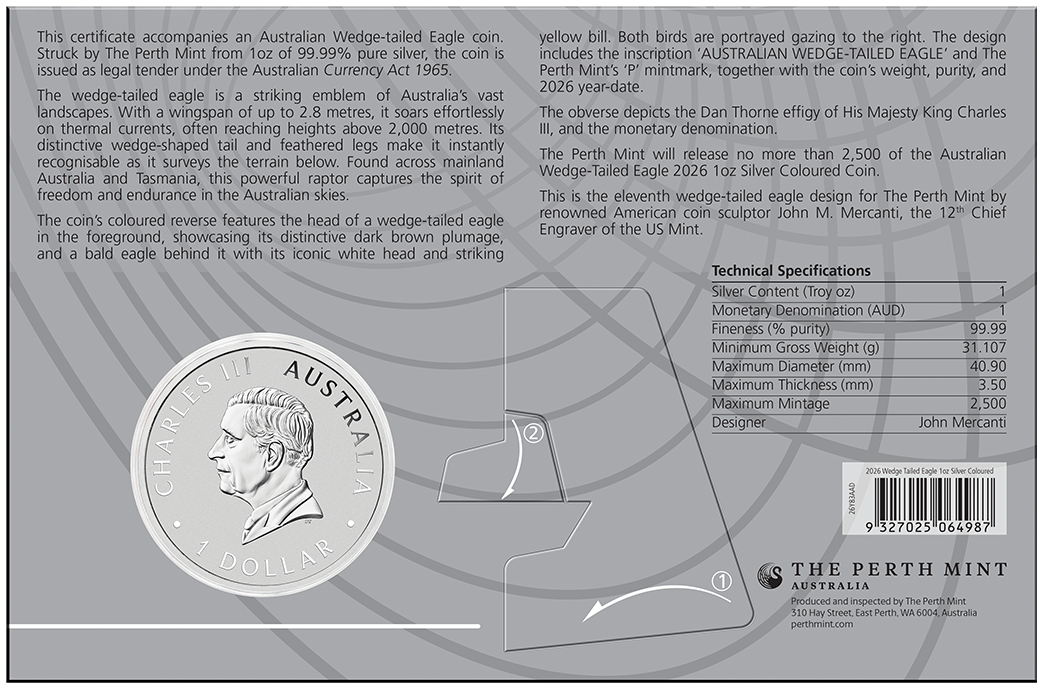 Australian Wedge-Tailed Eagle 2026 1oz Silver Coloured Coin in Card