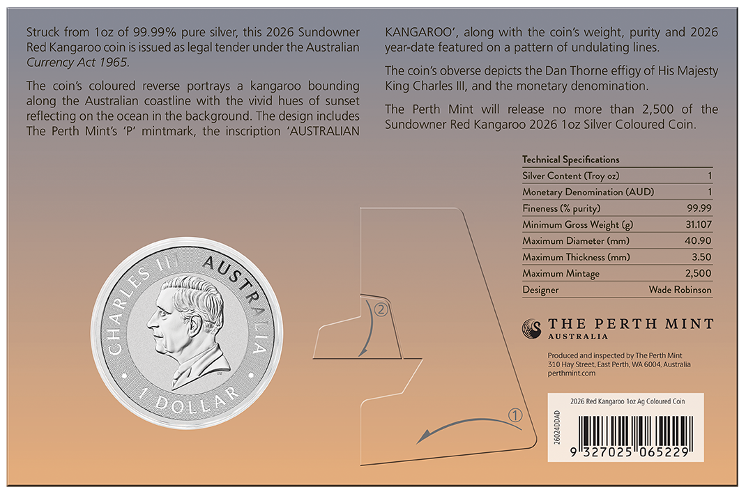 Sundowner Red Kangaroo 2026 1oz Silver Coloured Coin in Card