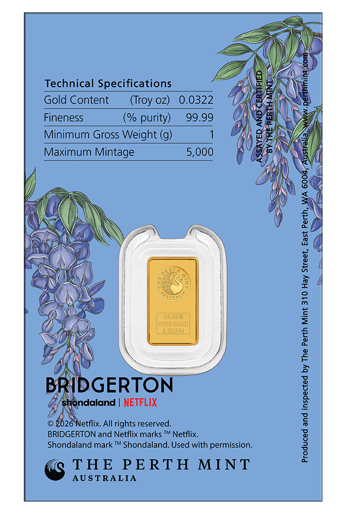 Bridgerton 2026 1g Gold Minted Bar in Card
