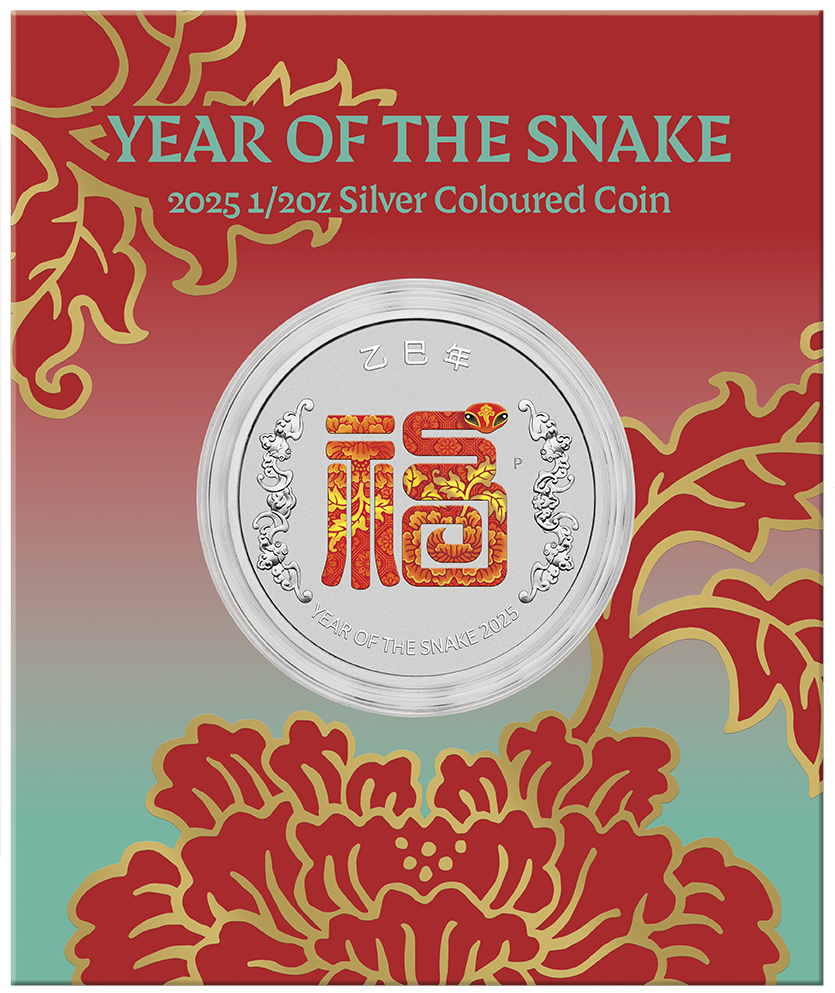 Lunar Year of the Snake Fu Prosperity 2025 1/2oz Silver Coloured Coin in Card