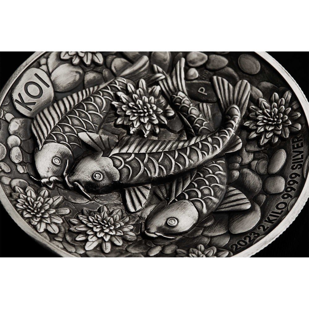 Koi Fish 2023 2 Kilo Silver Antiqued High Relief Coin