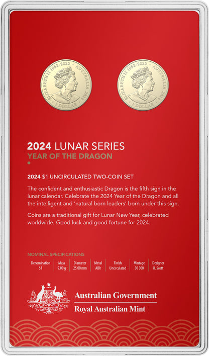 Lunar Year of the Dragon 2024 $1 AlBr Uncirculated 2 Coin Set