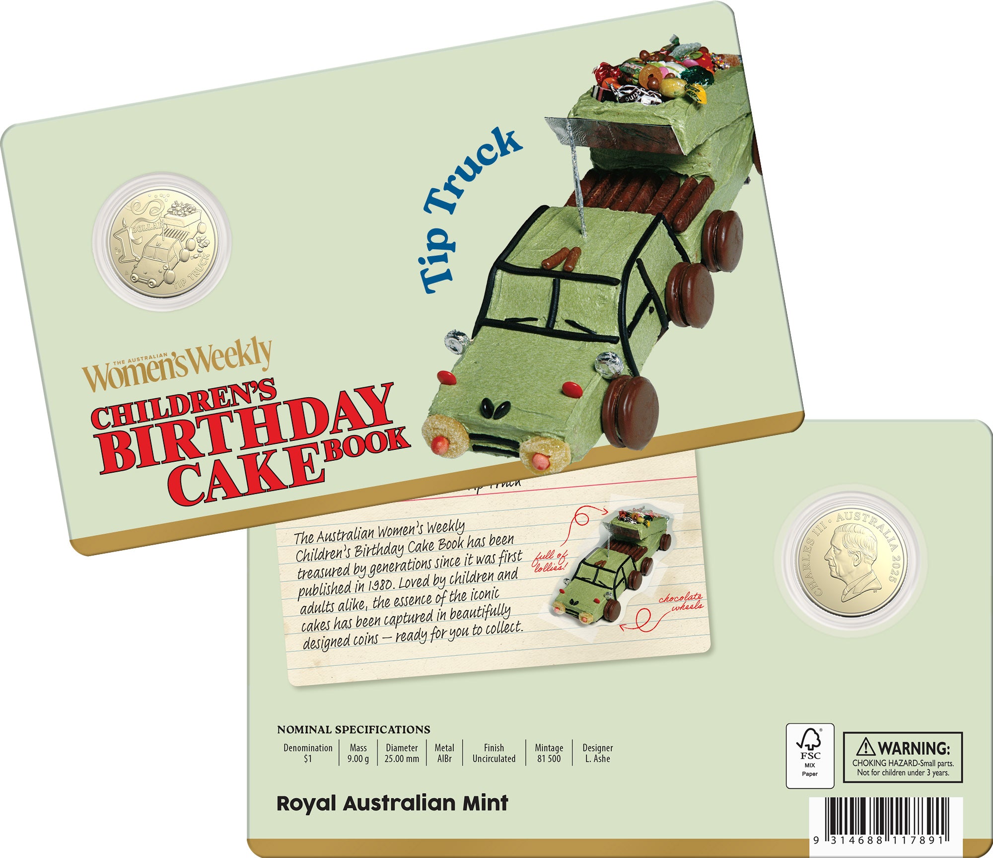 AWW Birthday Cake Tip Truck 2025 $1 Uncirculated Coin in Card