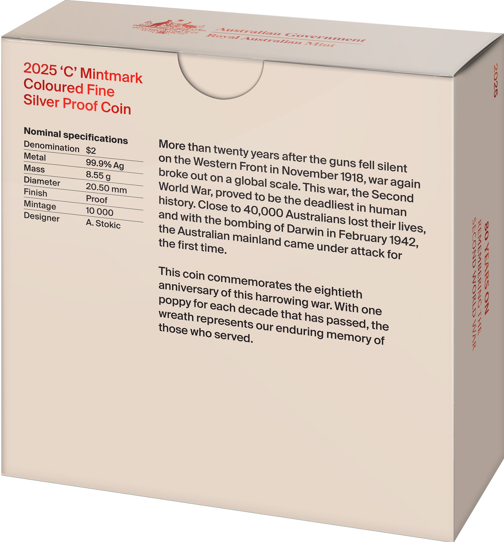 80 Years On: Remembering the Second World War 2025 $2 ‘C’ Mintmark Coloured Fine Silver Proof Coin