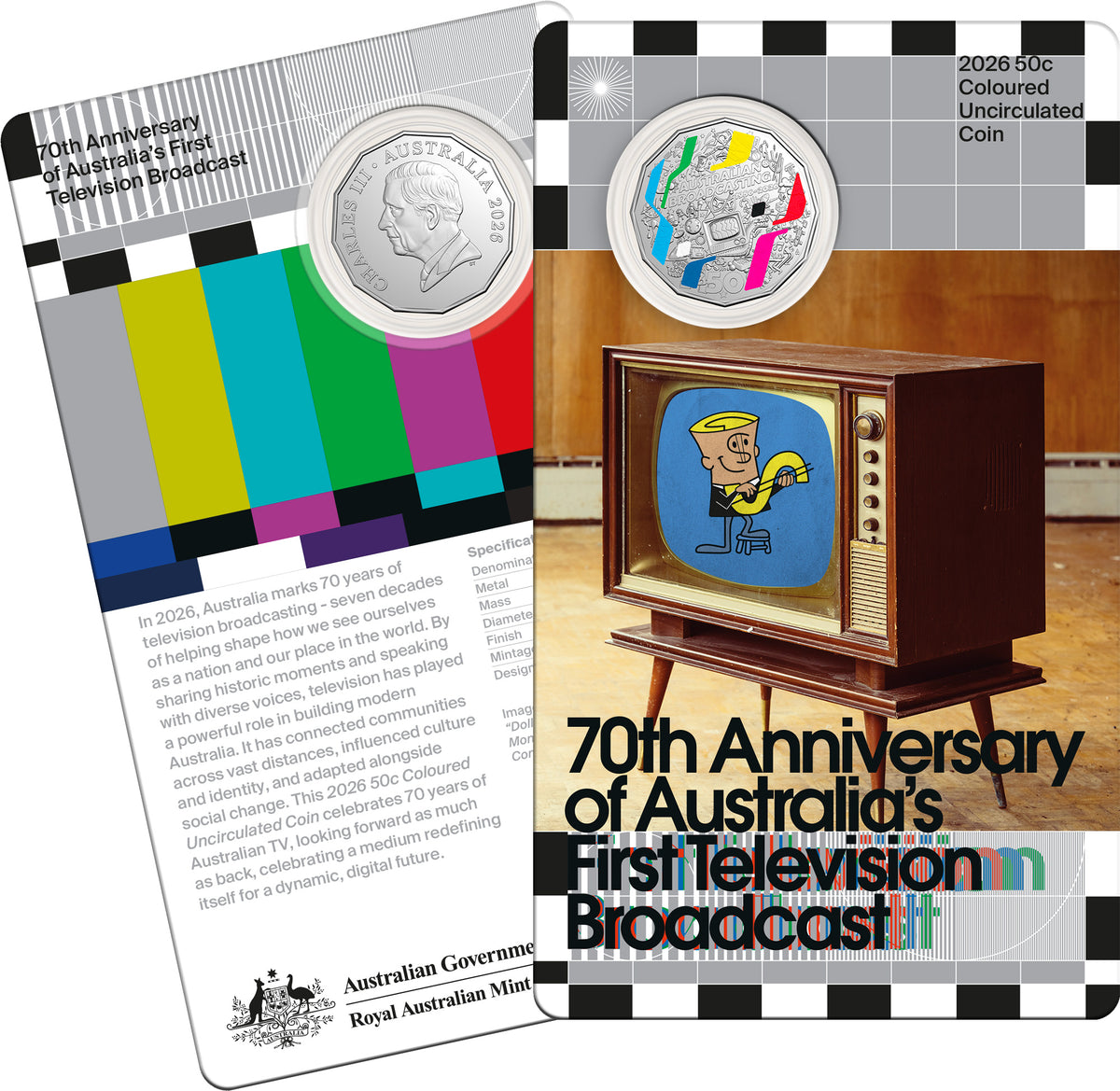 First Television Broadcast 70th Anniversary 2026 50c Coloured Uncirculated Coin in Card