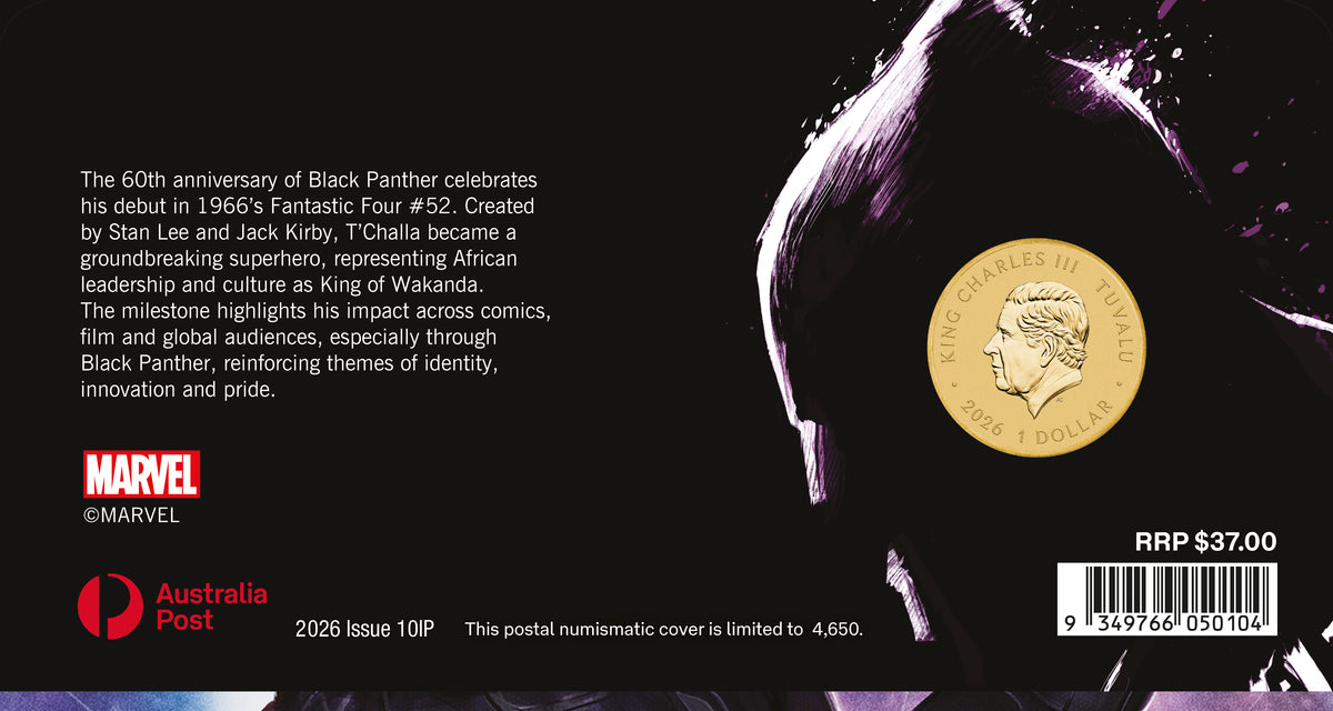 Black Panther 60 Years 2026 Stamp and Coin Cover, back of envelope