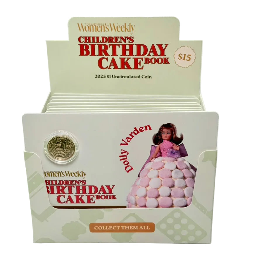 Australian Women's Weekly Birthday Cake Dolly Varden 2025 $1 Uncirculated Coin in Card - Retail Box of 20