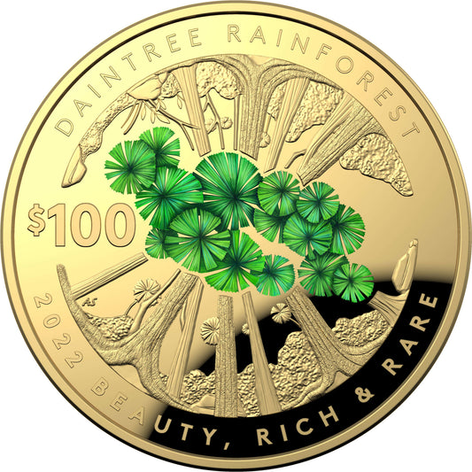 Beauty, Rich & Rare – Daintree Rainforest 2022 $100 Gold Coloured Proof Domed Coin